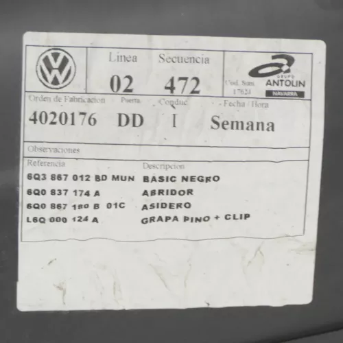 1x VW Polo 9N Türverkleidung Verkleidung Tür vorne rechts 2/3-Türer Griff Öffner (175904)